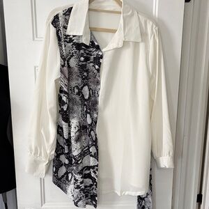 Cream Button-Down Blouse with Black Snake-Print Panel